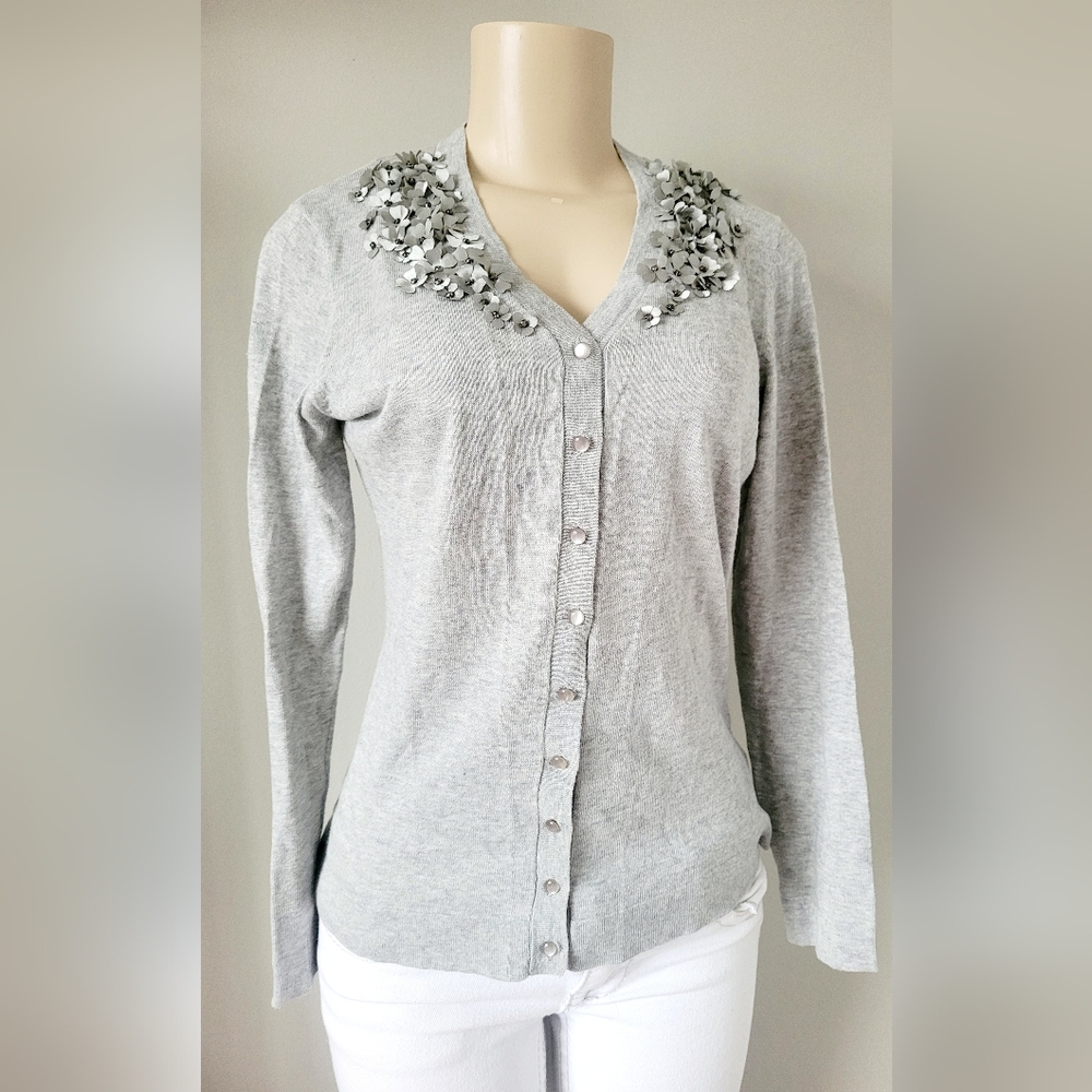 Chadwicks Women's Cotton/Acrylic Cardigan Floral 3D Applique Light Gray Medium